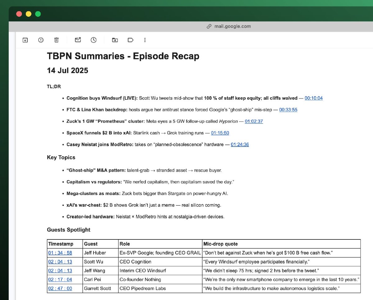 TBPN Summaries email showing episode highlights and timestamps